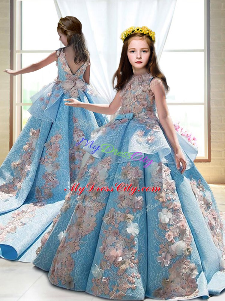 High-neck Sleeveless Little Girl Pageant Dress Court Train Appliques Blue Satin