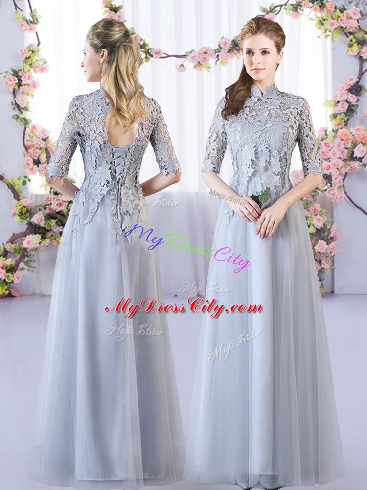 Tulle High-neck Half Sleeves Lace Up Lace Wedding Party Dress in Grey
