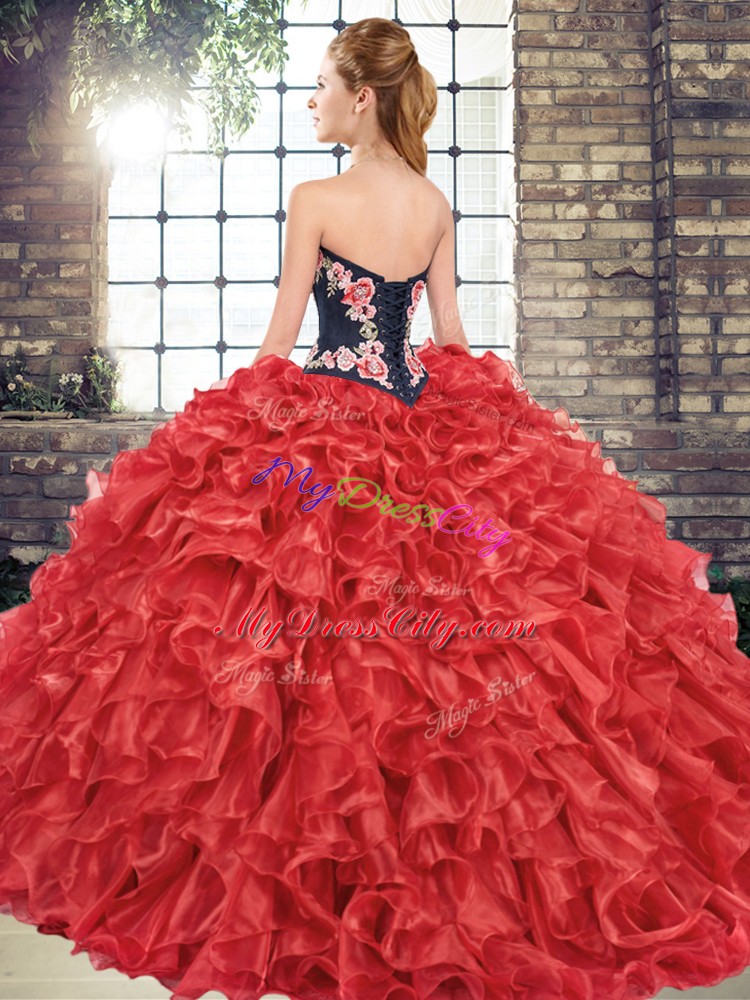 Beauteous Sweetheart Sleeveless Organza Ball Gown Prom Dress Embroidery and Ruffles Sweep Train Lace Up