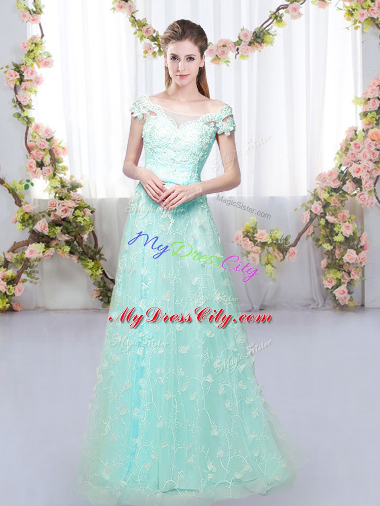 Fancy Apple Green Empire Off The Shoulder Cap Sleeves Tulle Floor Length Lace Up Appliques Bridesmaid Dresses