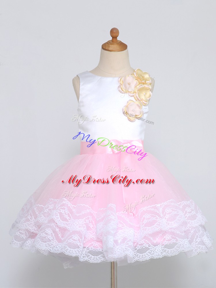 Unique Scoop Sleeveless Zipper Flower Girl Dresses Pink And White Tulle