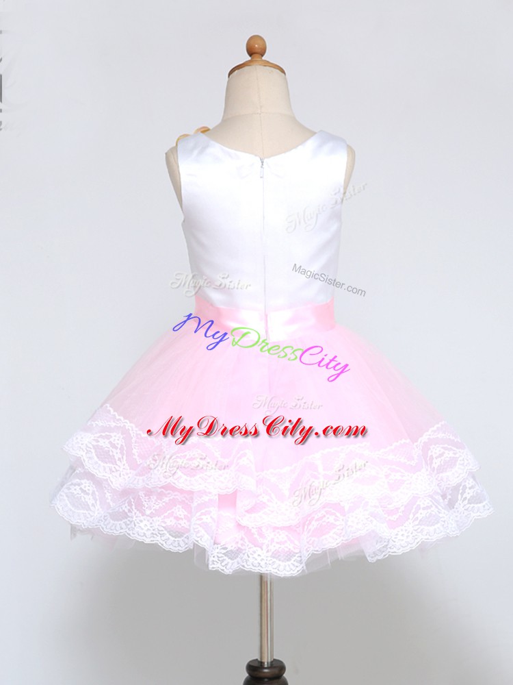 Unique Scoop Sleeveless Zipper Flower Girl Dresses Pink And White Tulle