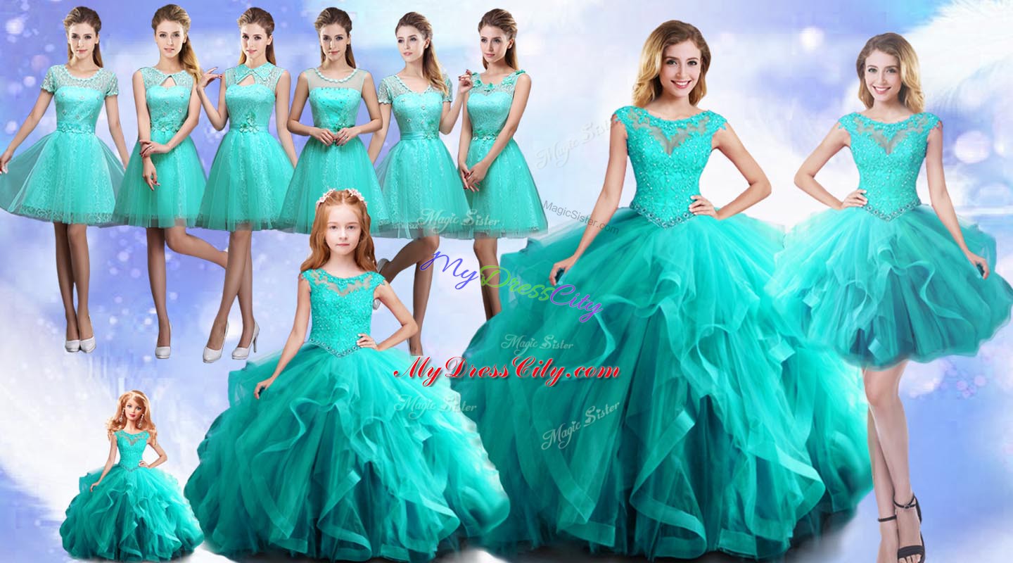 New Arrival Scoop Cap Sleeves Quince Ball Gowns Beading Lace Up