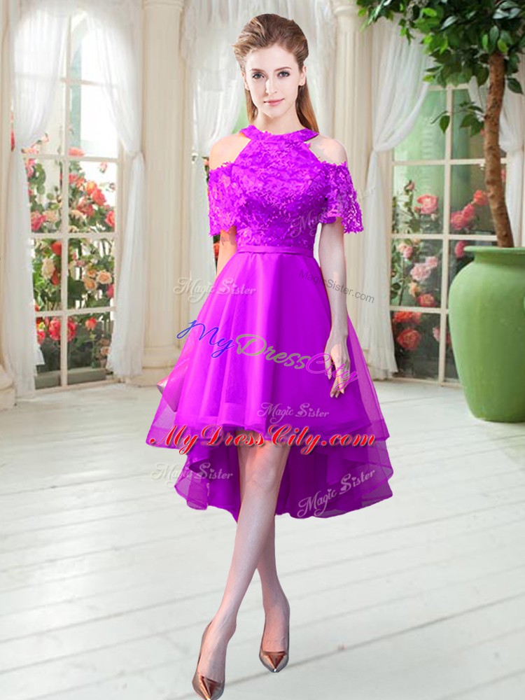 High Low A-line Short Sleeves Purple Evening Dress Zipper