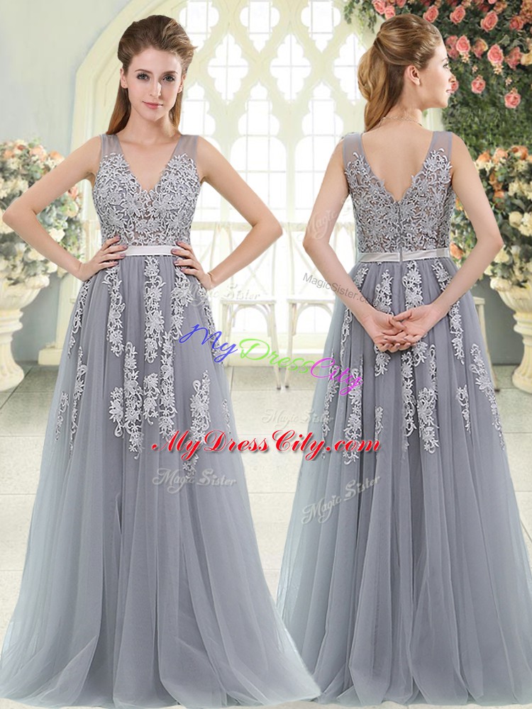 Grey Prom Gown Prom and Party with Appliques V-neck Sleeveless Zipper