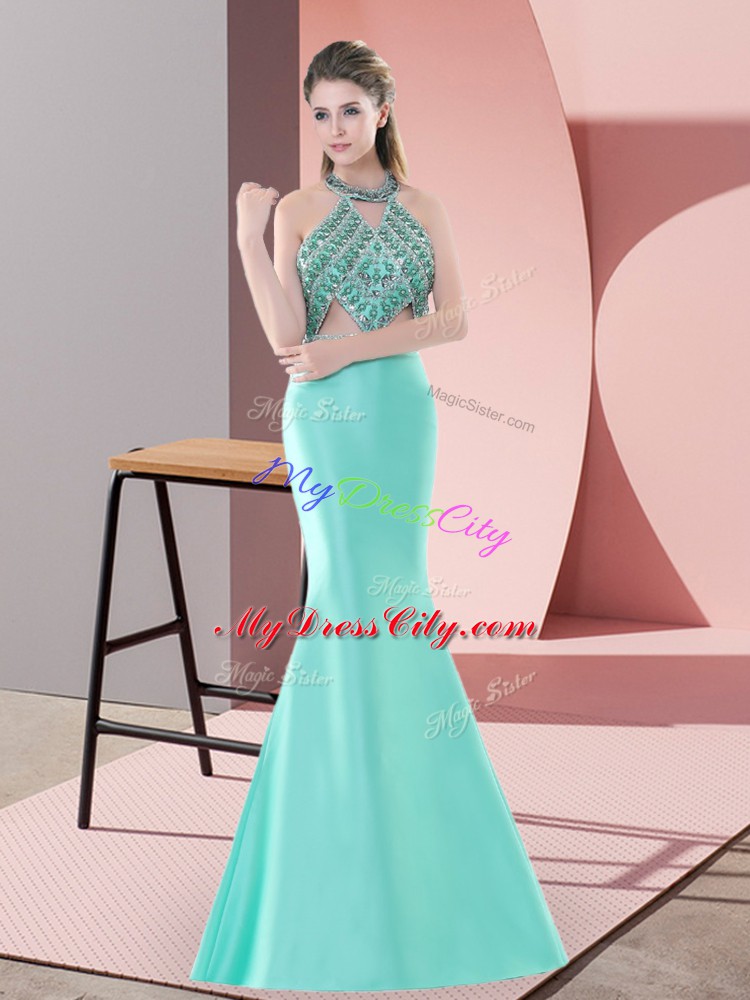Lovely Blue and Apple Green Two Pieces Satin Halter Top Sleeveless Beading Backless Prom Evening Gown Sweep Train