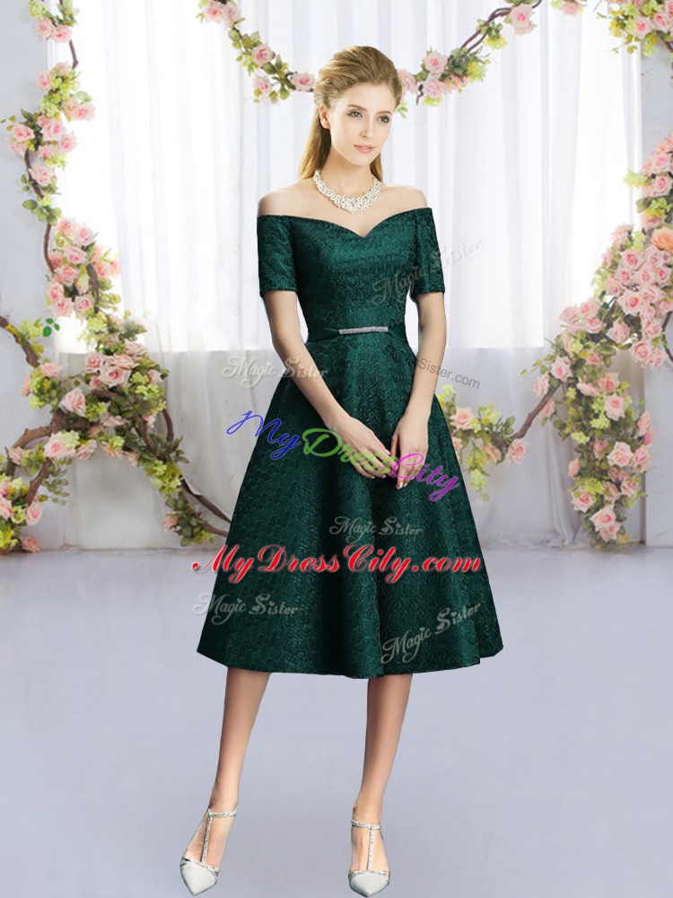 Lovely Off The Shoulder Short Sleeves Court Dresses for Sweet 16 Dark Green Lace