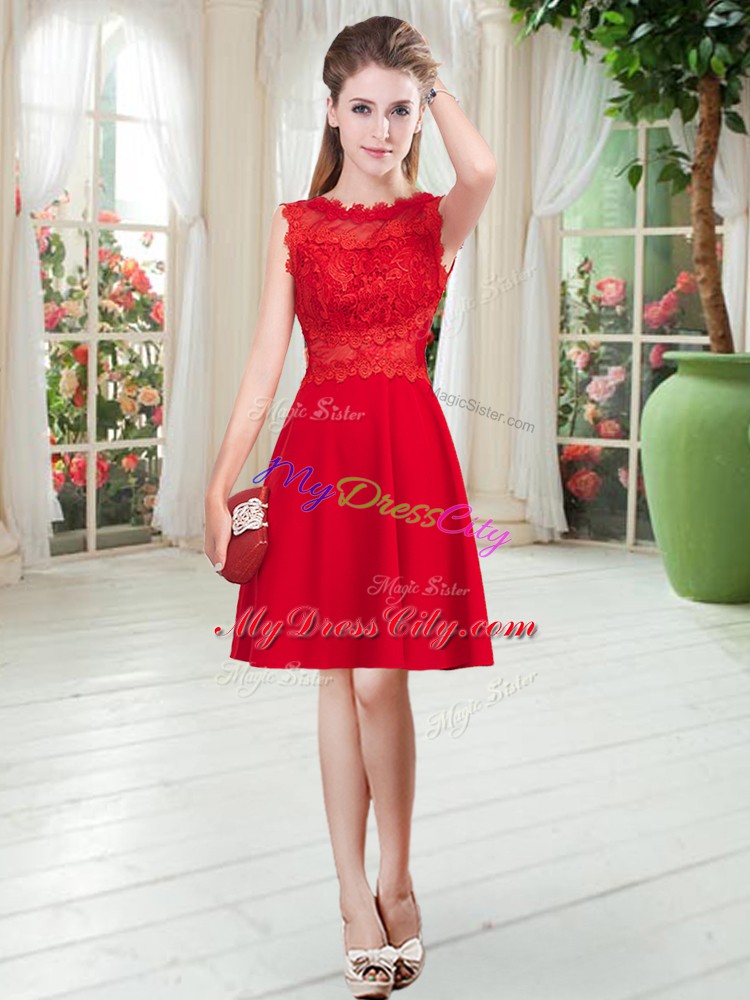 Custom Design Red Sleeveless Knee Length Lace Zipper Evening Dress