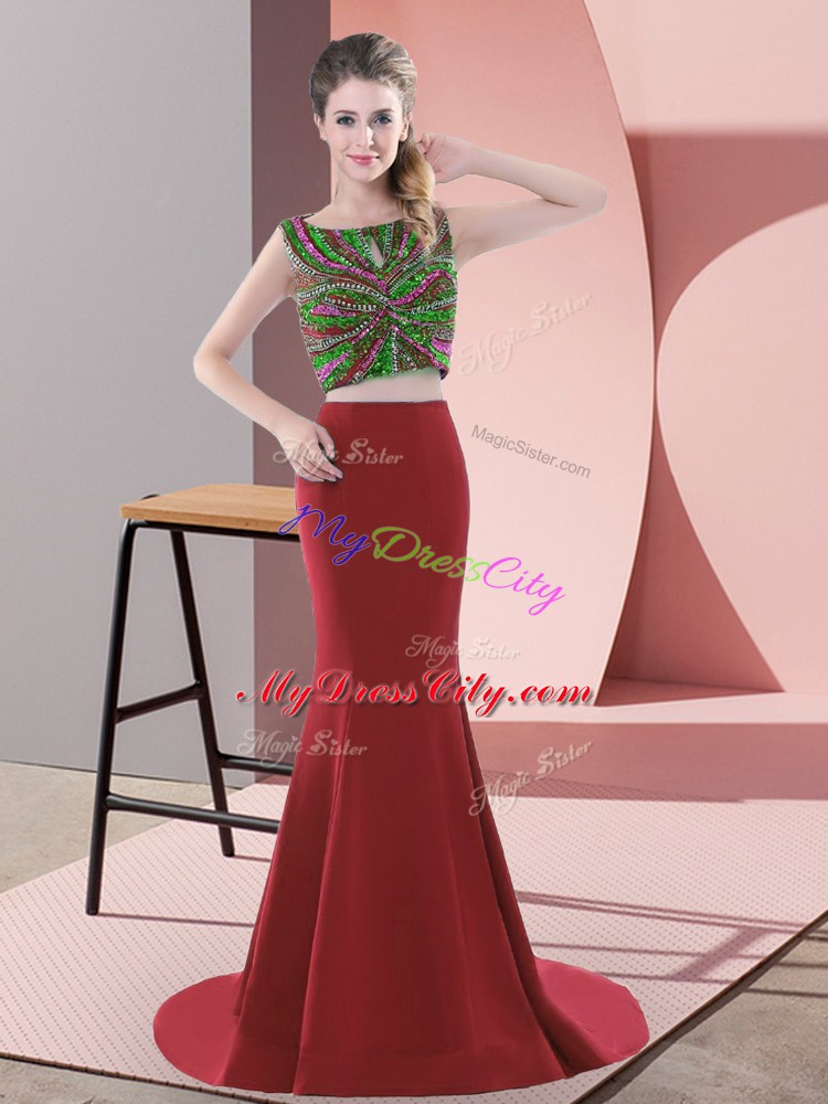 Beautiful Scoop Sleeveless Prom Gown Sweep Train Beading Red Satin