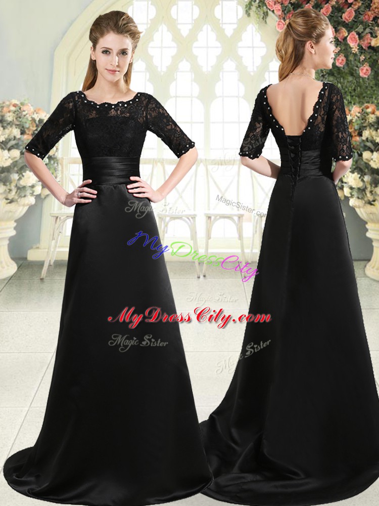 Attractive Scalloped Half Sleeves Prom Evening Gown Sweep Train Beading and Appliques Black Elastic Woven Satin