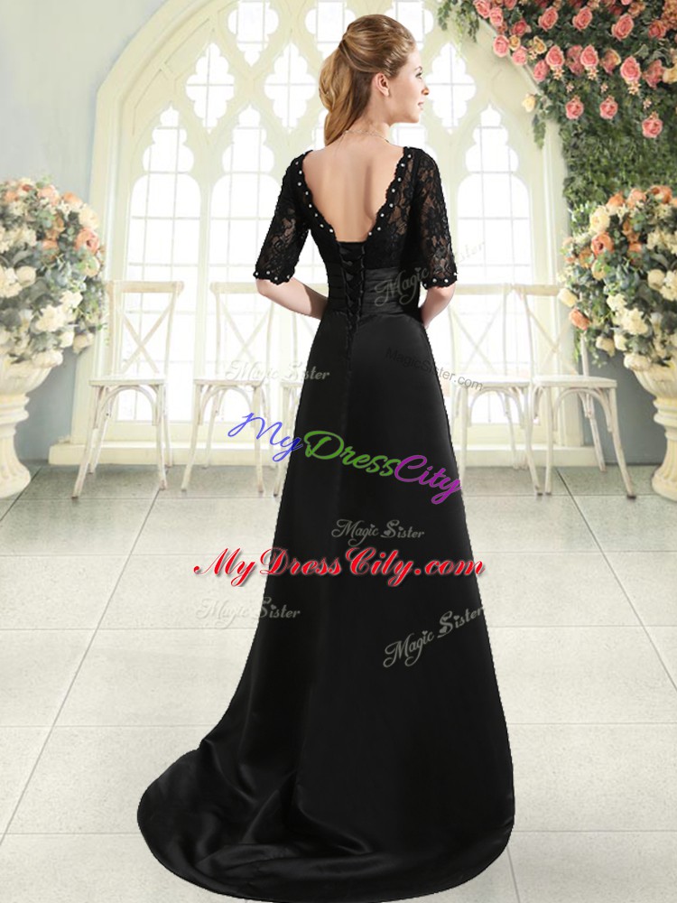 Attractive Scalloped Half Sleeves Prom Evening Gown Sweep Train Beading and Appliques Black Elastic Woven Satin