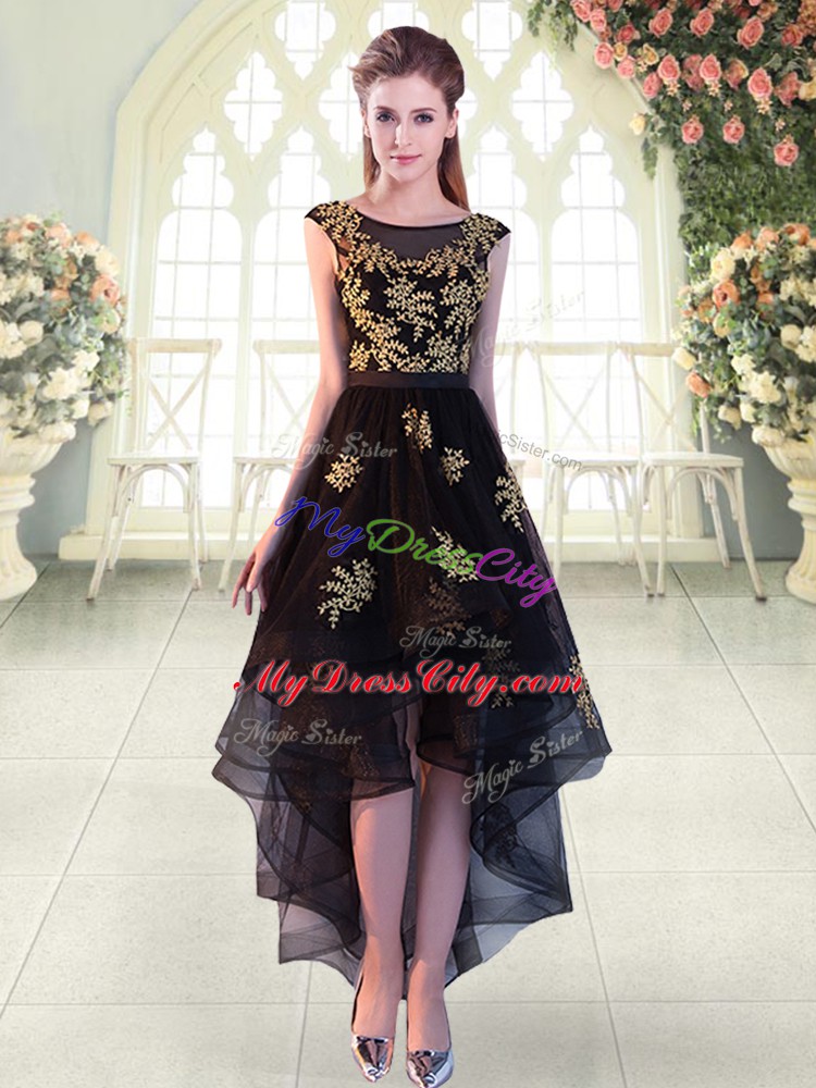 Free and Easy High Low Black Going Out Dresses Tulle Cap Sleeves Appliques