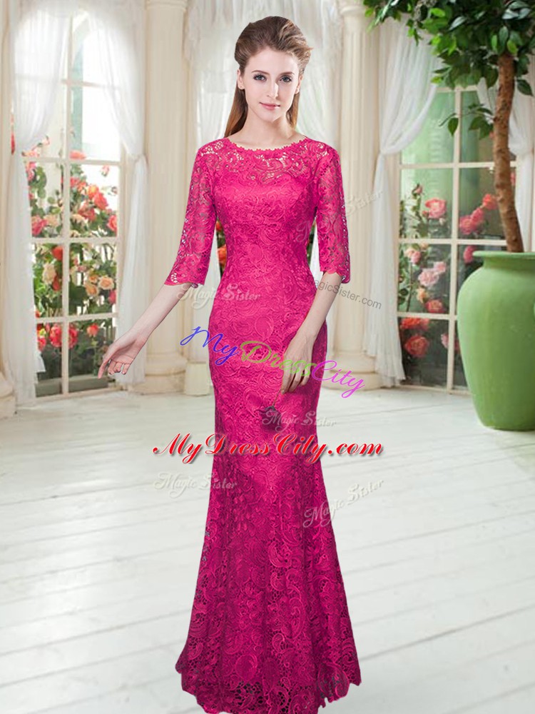 Amazing Hot Pink Lace Zipper Scoop Half Sleeves Floor Length Prom Evening Gown Lace