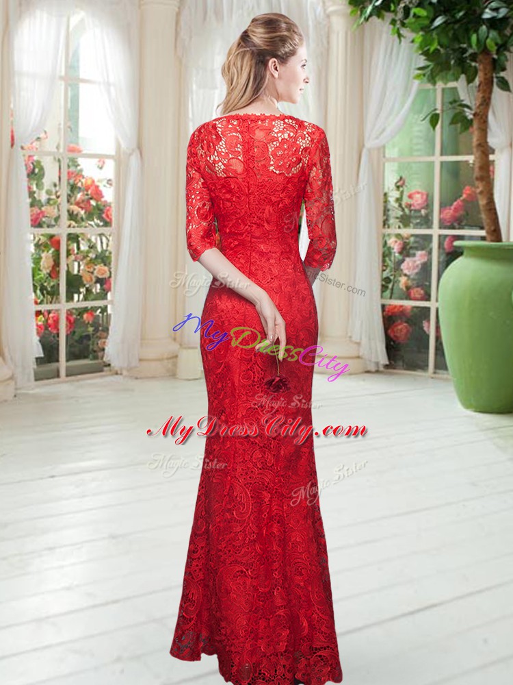 Amazing Hot Pink Lace Zipper Scoop Half Sleeves Floor Length Prom Evening Gown Lace