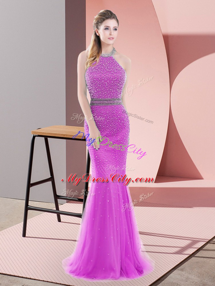 Chic Lilac Sleeveless Brush Train Beading Prom Dress