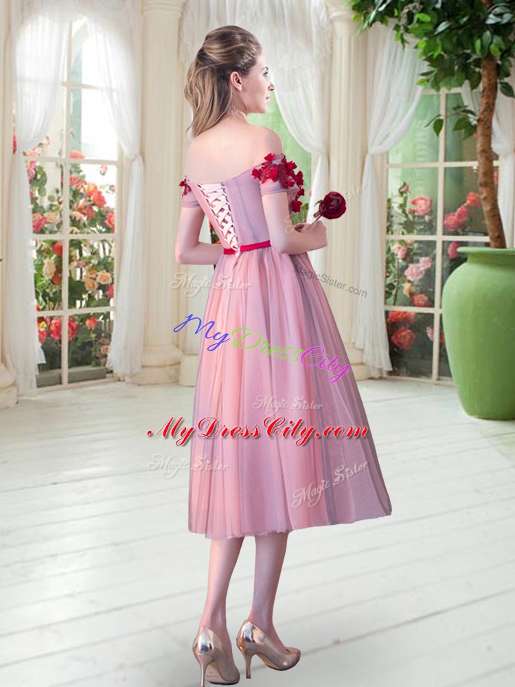 Pink Tulle Lace Up Evening Dress Sleeveless Tea Length Appliques