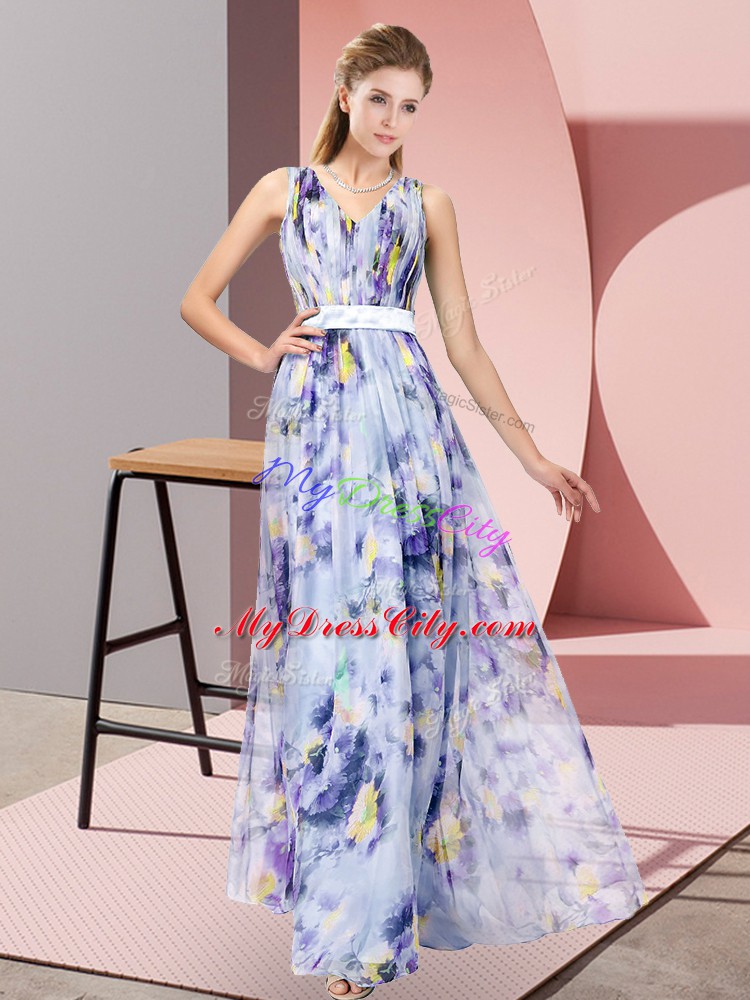 Pretty Empire Homecoming Dress Multi-color V-neck Printed Sleeveless Floor Length Zipper