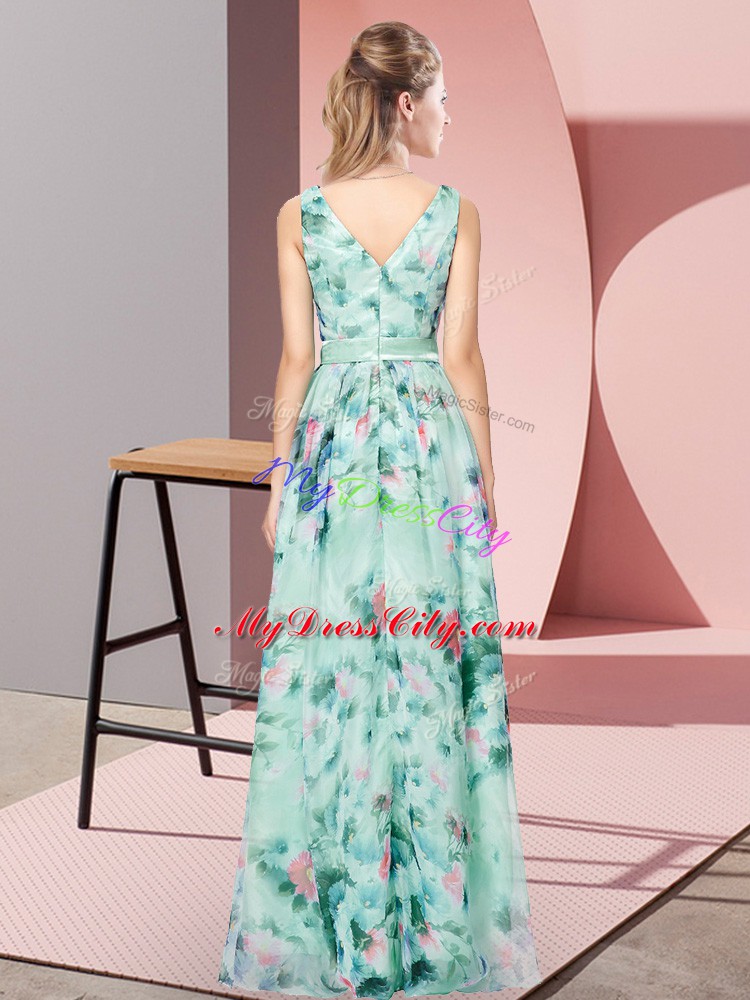 Pretty Empire Homecoming Dress Multi-color V-neck Printed Sleeveless Floor Length Zipper