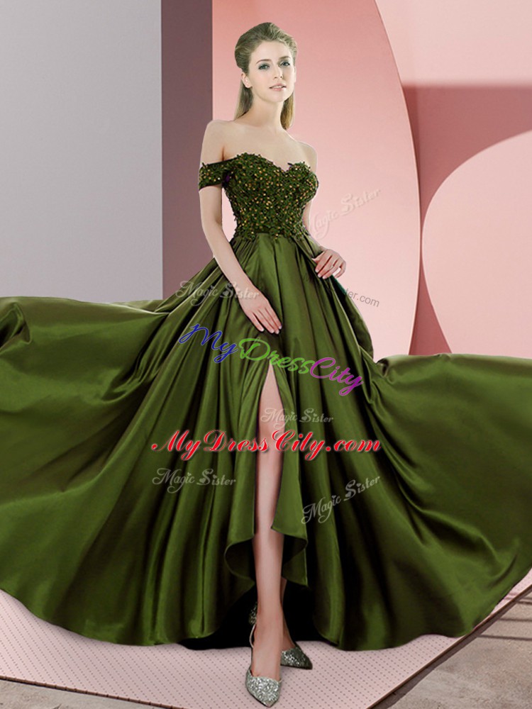 Ideal Olive Green Backless Prom Evening Gown Beading Sleeveless Sweep Train