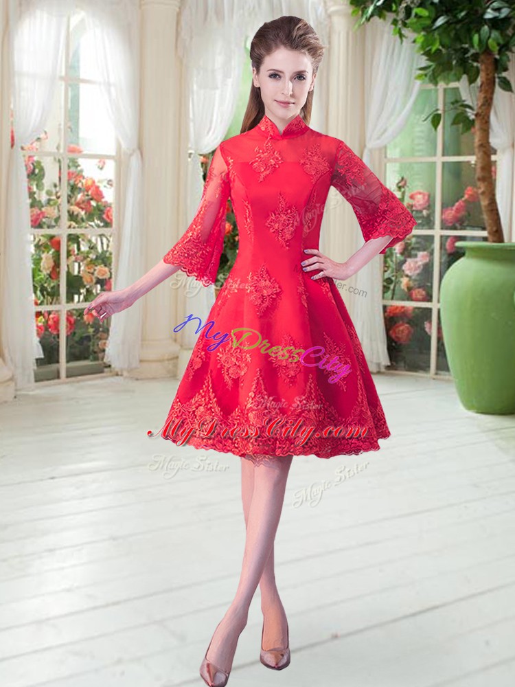 Sophisticated Red High-neck Neckline Lace Evening Dress 3 4 Length Sleeve Zipper