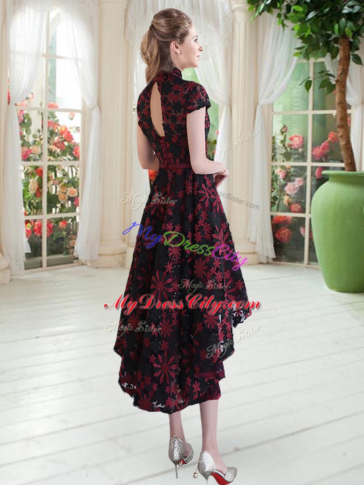 Great Multi-color High-neck Neckline Appliques Prom Gown Short Sleeves Zipper