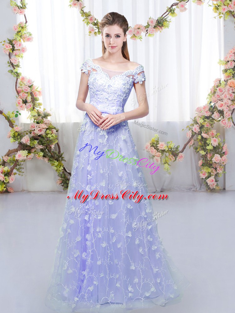 High Quality Off The Shoulder Cap Sleeves Lace Up Court Dresses for Sweet 16 Lavender Tulle