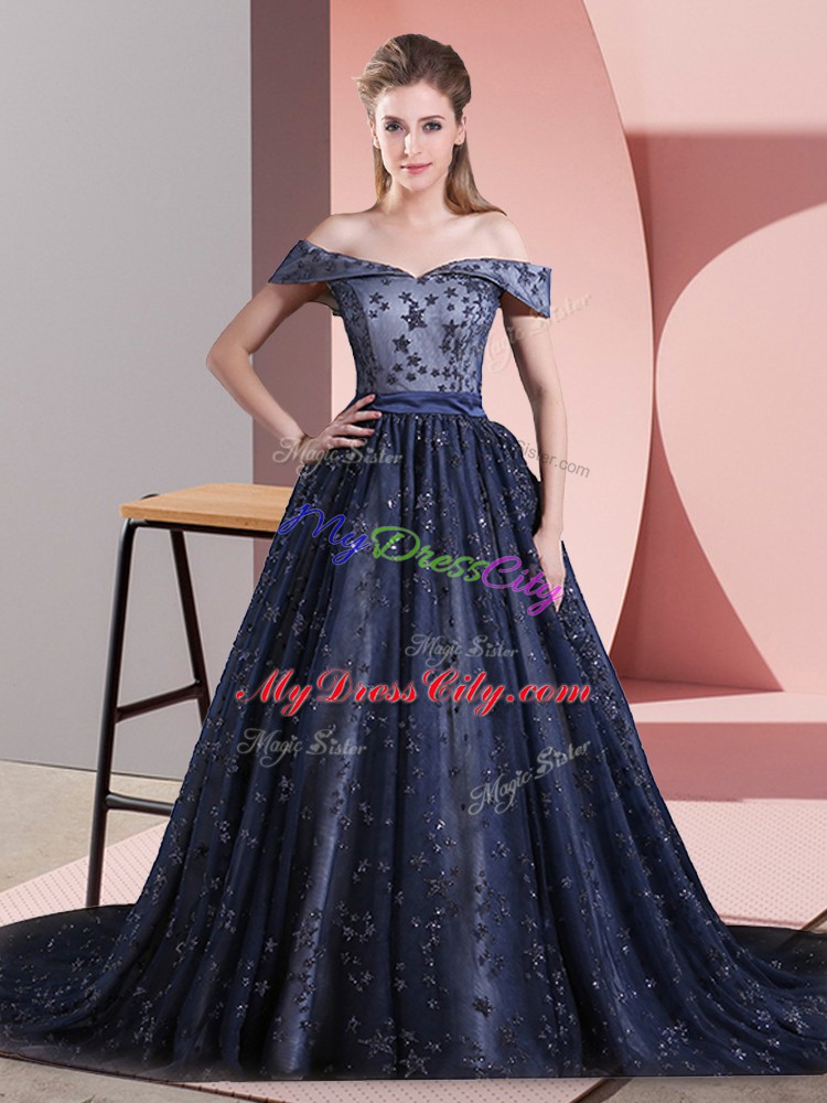 Navy Blue Off The Shoulder Neckline Beading Prom Dresses Sleeveless Lace Up