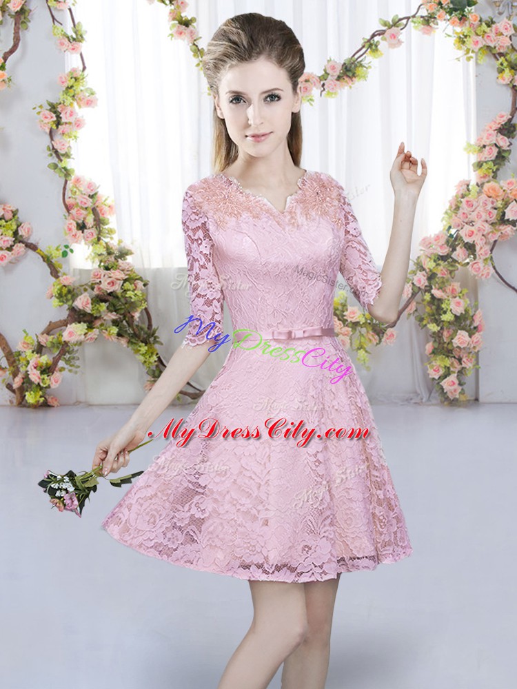 Pretty Pink A-line Lace V-neck Half Sleeves Belt Mini Length Zipper Bridesmaid Gown