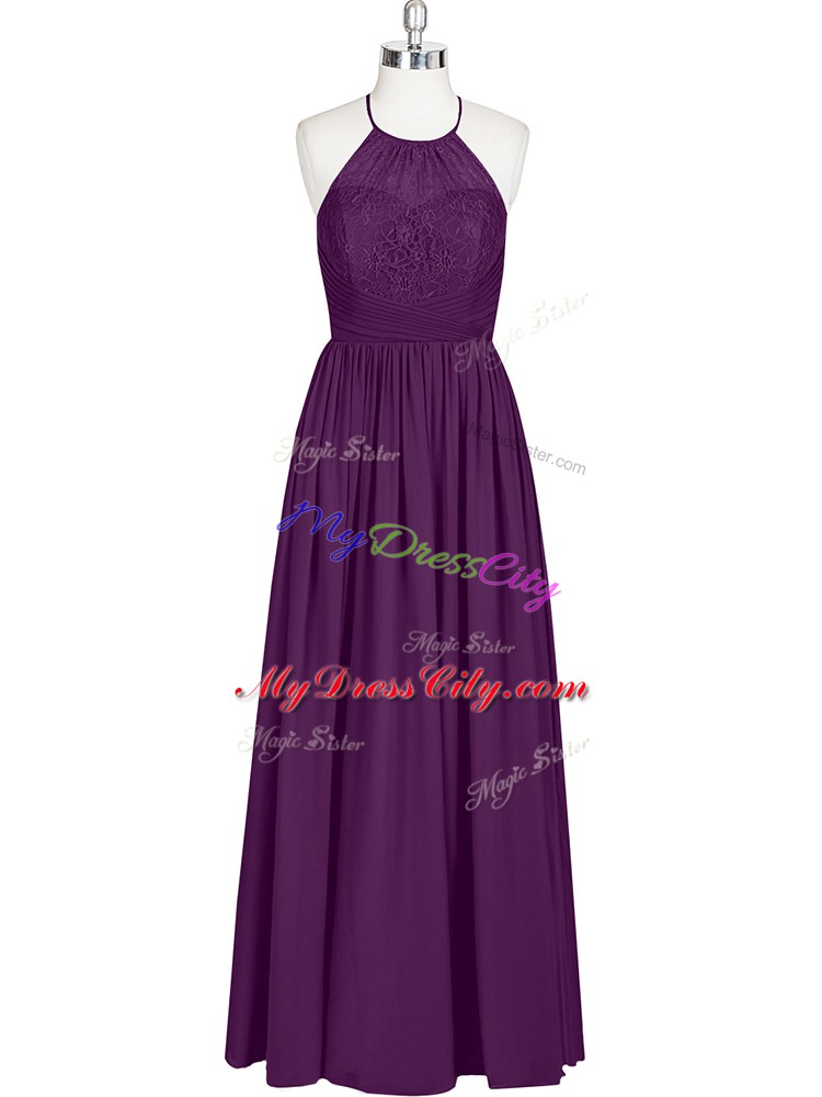 Eggplant Purple Halter Top Zipper Lace Prom Dresses Sleeveless