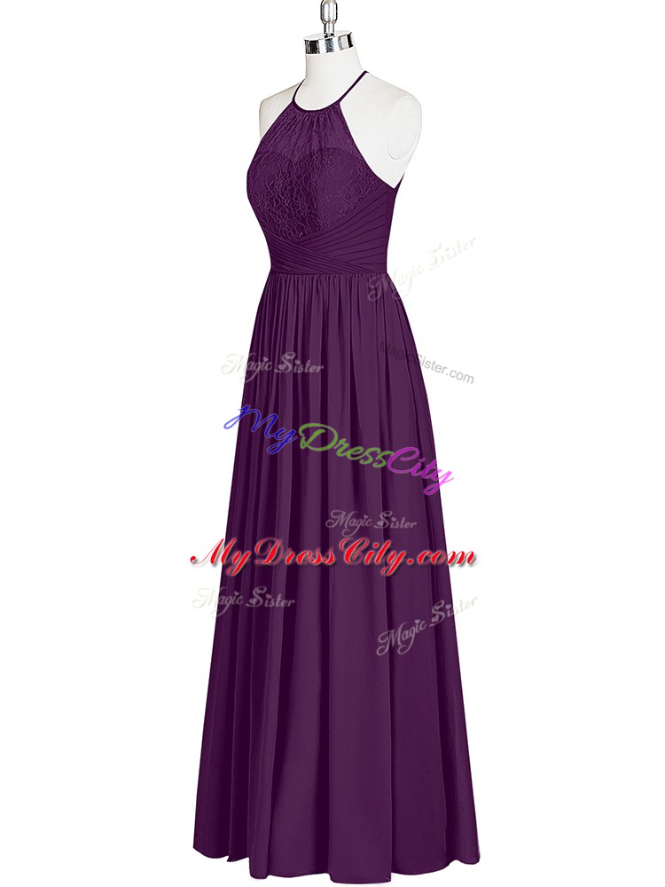 Eggplant Purple Halter Top Zipper Lace Prom Dresses Sleeveless