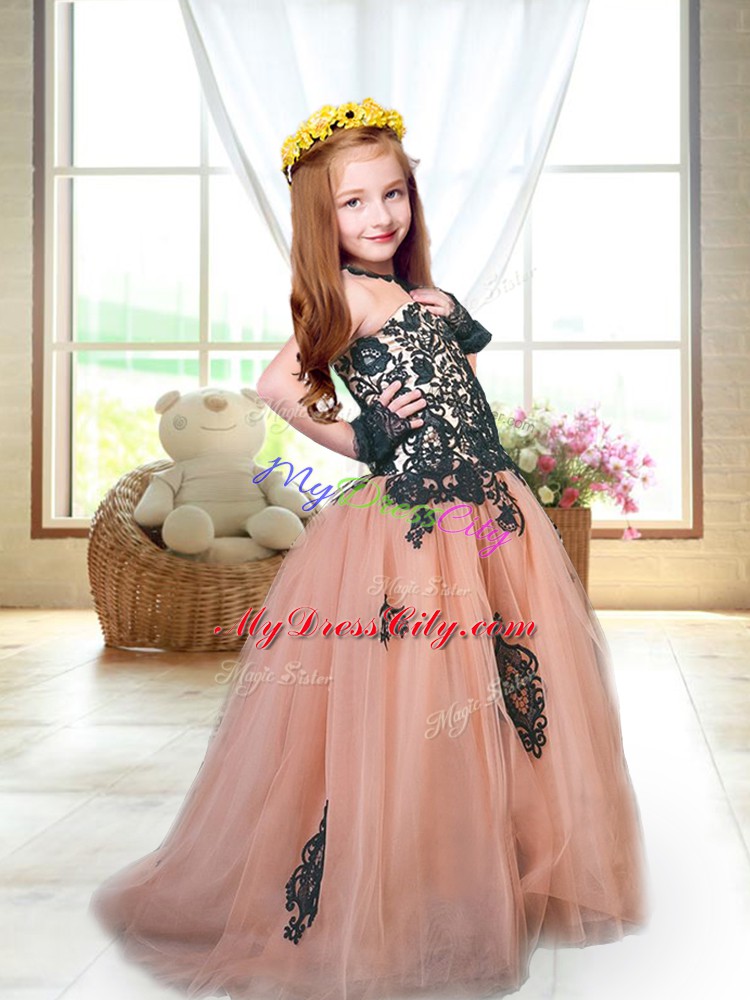Enchanting Peach Little Girl Pageant Gowns Wedding Party with Appliques Spaghetti Straps Sleeveless Brush Train Lace Up