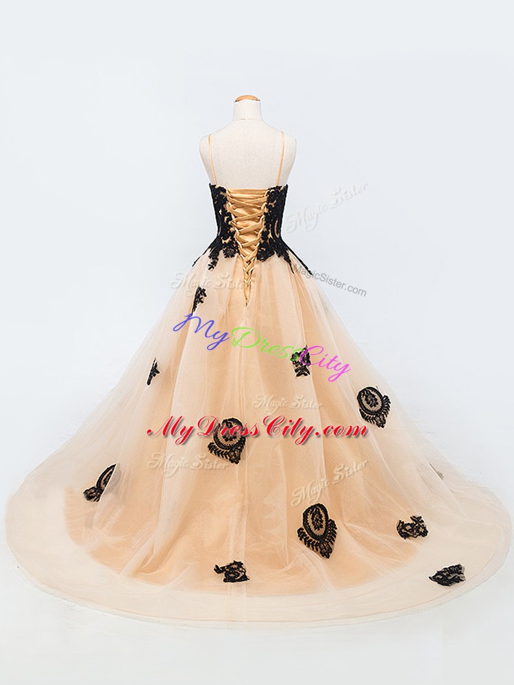 Enchanting Peach Little Girl Pageant Gowns Wedding Party with Appliques Spaghetti Straps Sleeveless Brush Train Lace Up