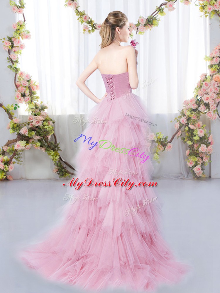 Modern Pink Sweetheart Neckline Beading and Ruffles Quinceanera Court Dresses Sleeveless Lace Up