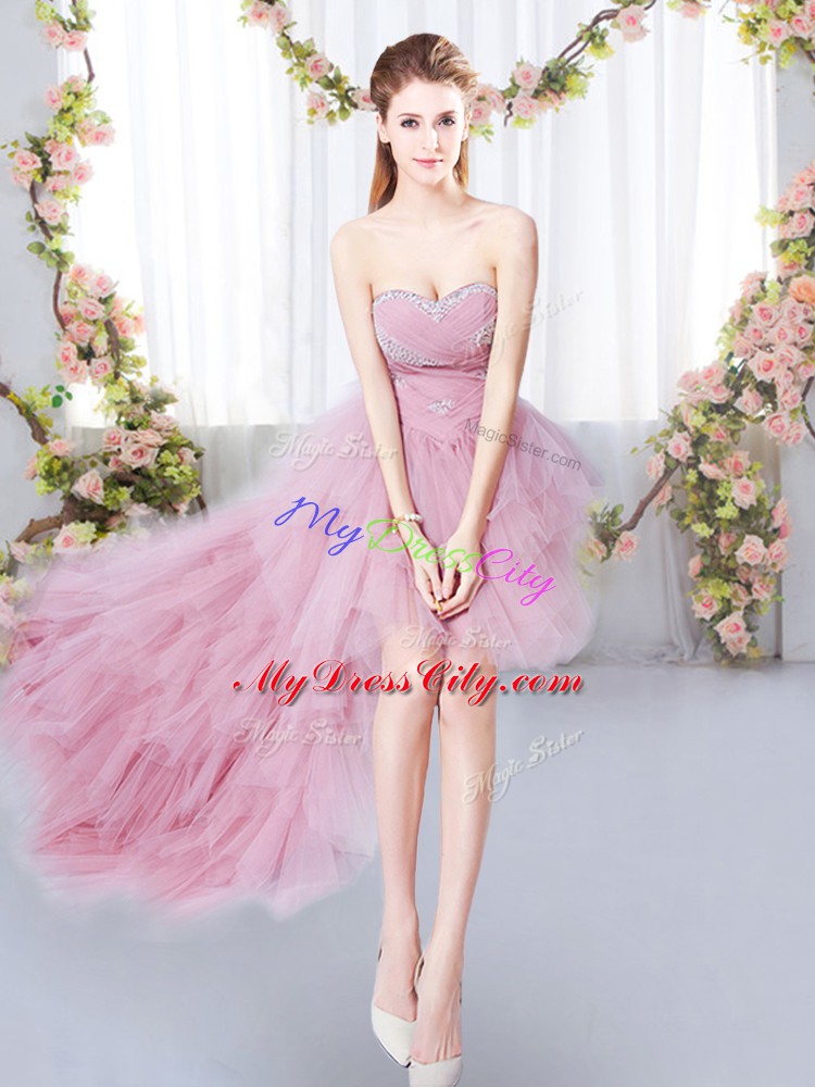 Modern Pink Sweetheart Neckline Beading and Ruffles Quinceanera Court Dresses Sleeveless Lace Up