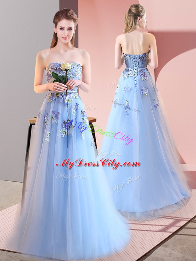 Edgy A-line Dress for Prom Blue Sweetheart Tulle Sleeveless Floor Length Lace Up