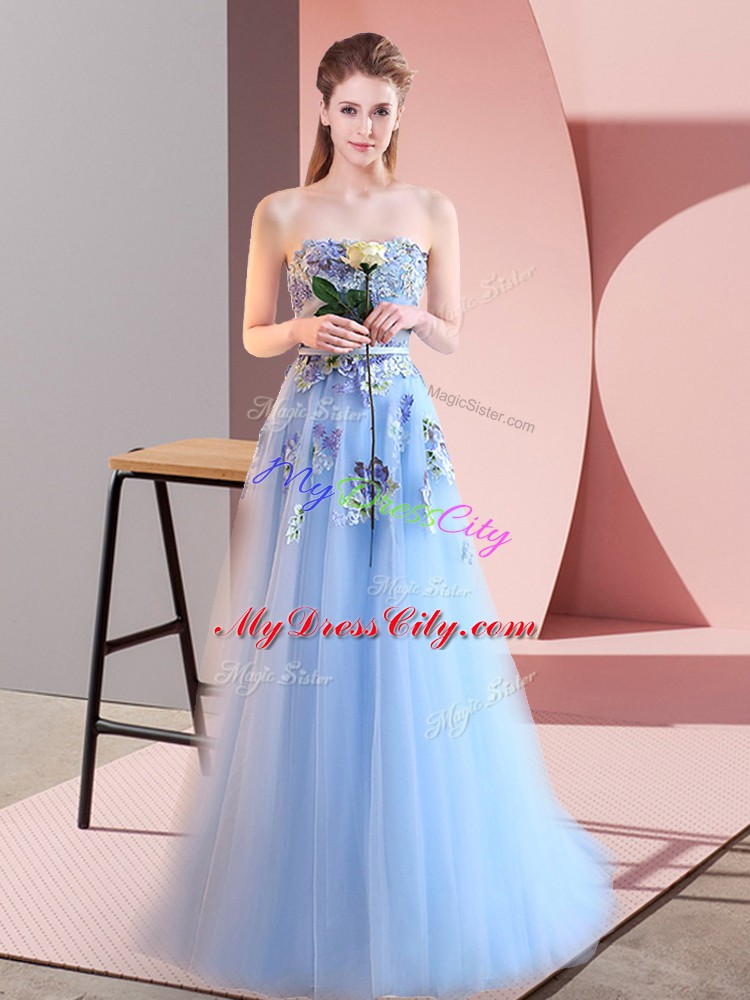 Edgy A-line Dress for Prom Blue Sweetheart Tulle Sleeveless Floor Length Lace Up