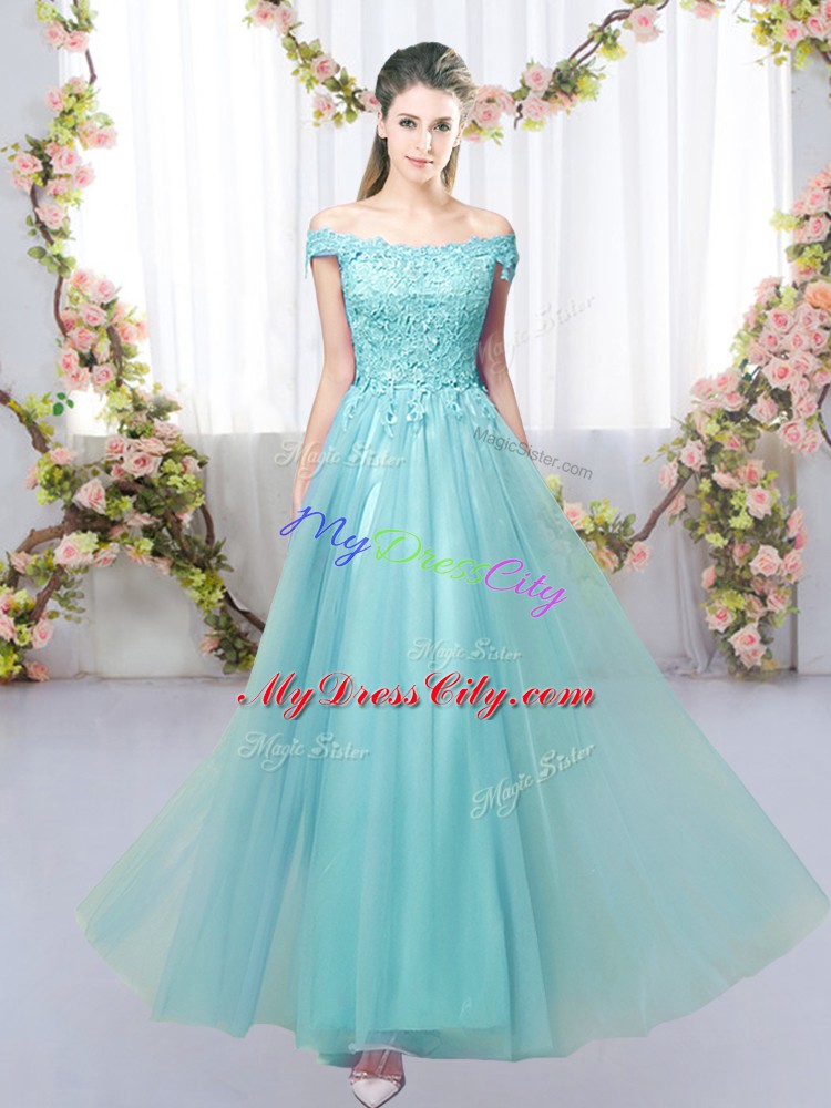 High Class Aqua Blue Empire Off The Shoulder Sleeveless Tulle Floor Length Lace Up Lace Court Dresses for Sweet 16