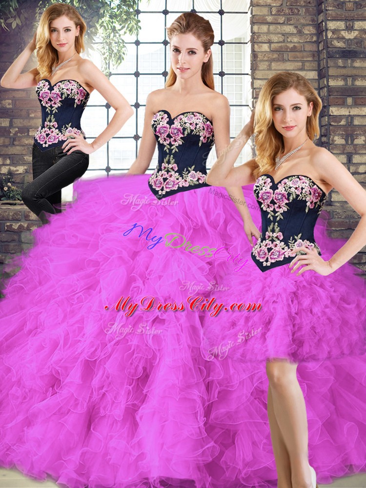 Cheap Beading and Embroidery Ball Gown Prom Dress Fuchsia Lace Up Sleeveless Floor Length