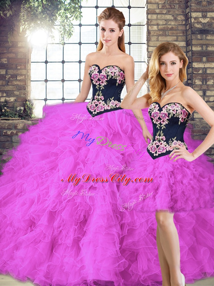 Cheap Beading and Embroidery Ball Gown Prom Dress Fuchsia Lace Up Sleeveless Floor Length