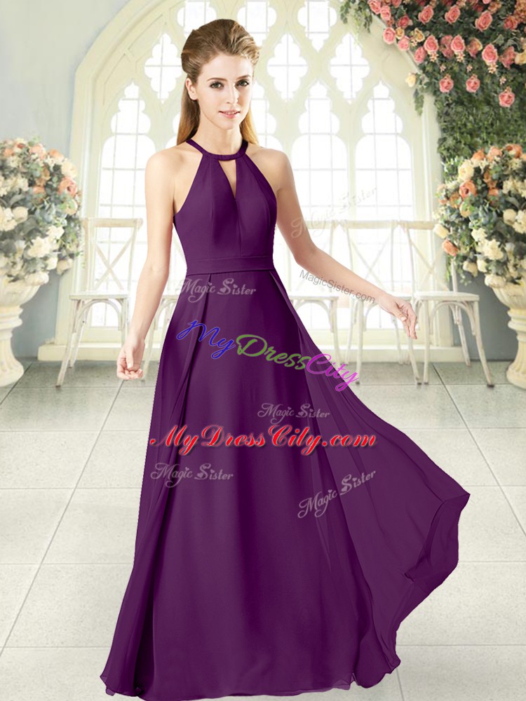 Simple Sleeveless Chiffon Floor Length Zipper Prom Party Dress in Purple with Ruching