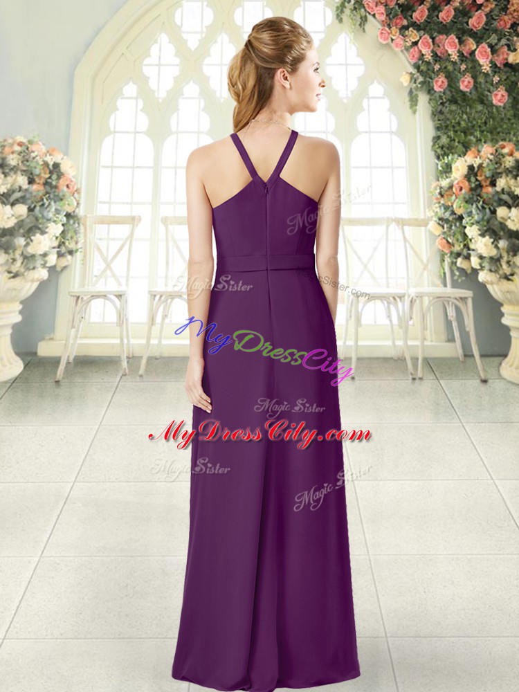 Simple Sleeveless Chiffon Floor Length Zipper Prom Party Dress in Purple with Ruching