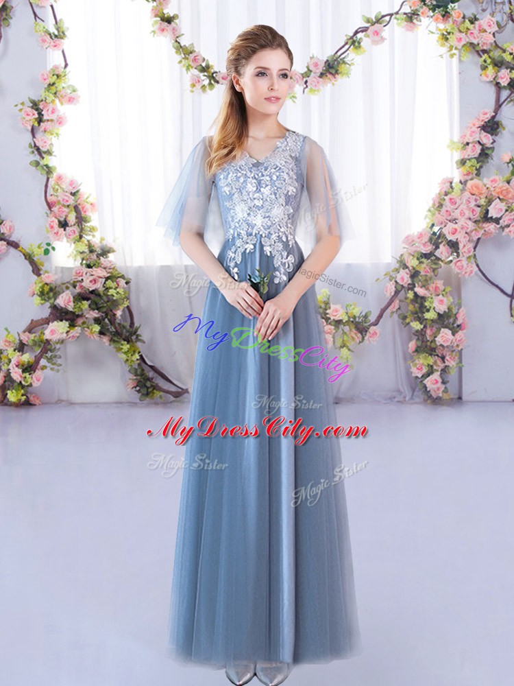 Sophisticated Floor Length Blue Court Dresses for Sweet 16 V-neck Half Sleeves Lace Up