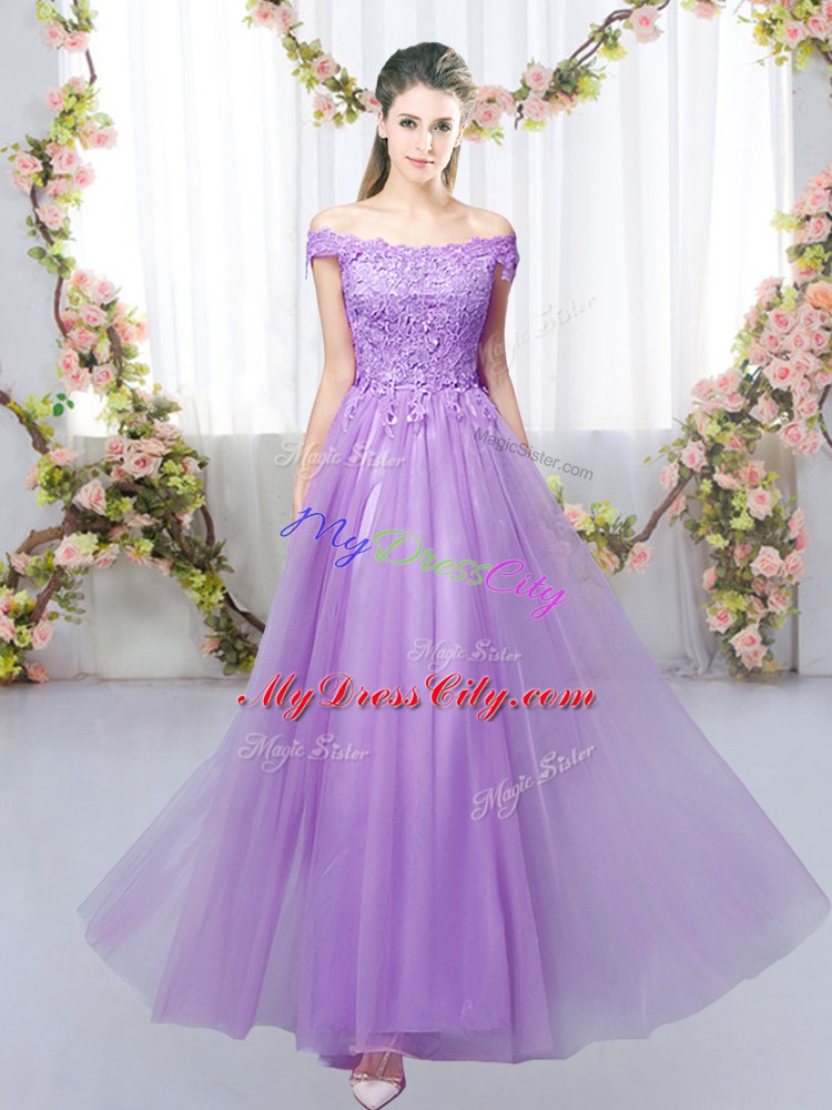 Tulle Off The Shoulder Sleeveless Lace Up Lace Bridesmaid Dresses in Lavender