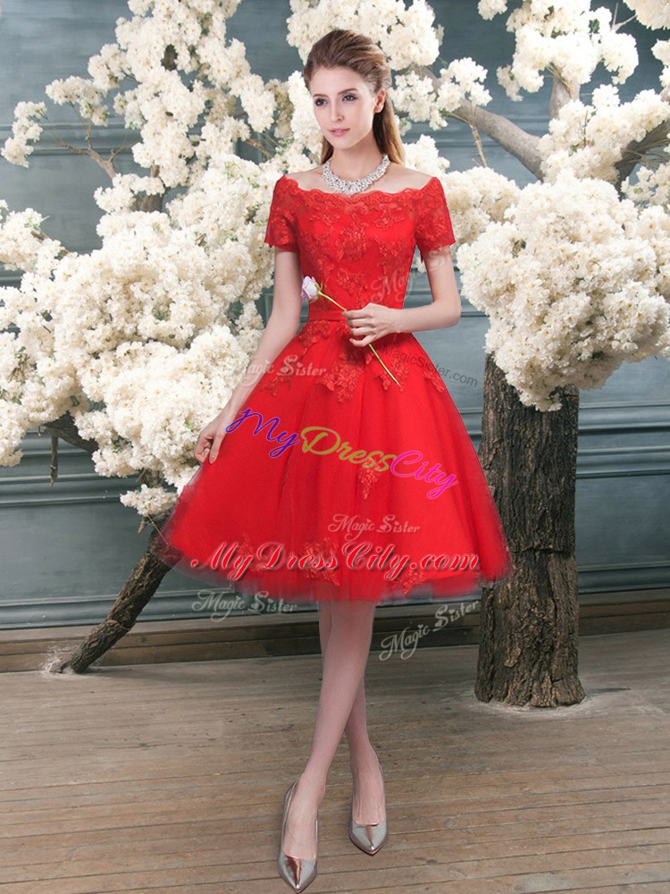 Beautiful Red Tulle Lace Up Homecoming Dress Short Sleeves Knee Length Lace