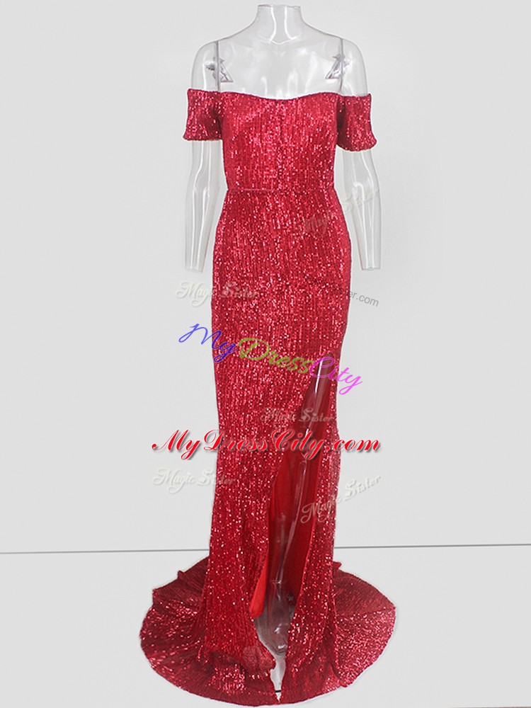 Custom Fit Mermaid Short Sleeves Red Prom Gown Sweep Train