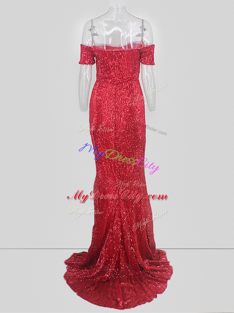 Custom Fit Mermaid Short Sleeves Red Prom Gown Sweep Train