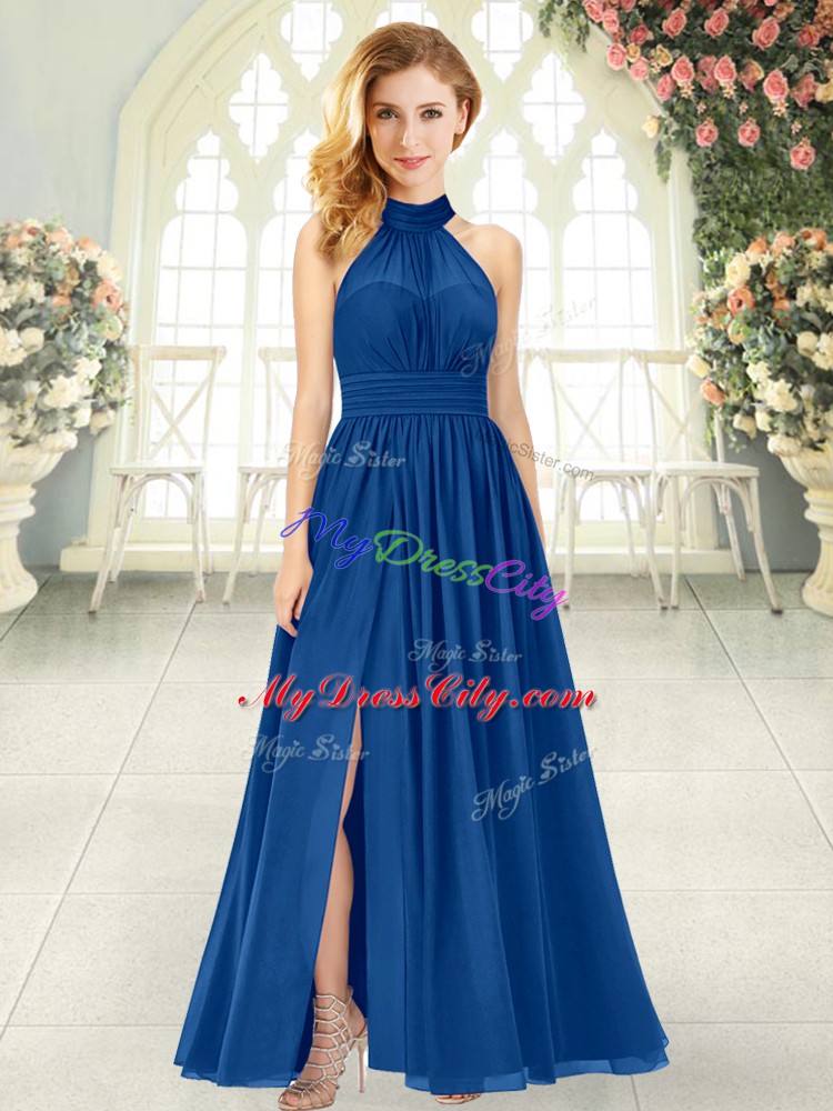 Ideal Ankle Length Zipper Evening Outfits Blue for Prom and Party with Ruching