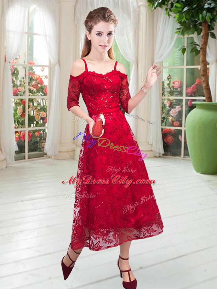 Red Zipper Spaghetti Straps Half Sleeves Tea Length Prom Gown Lace