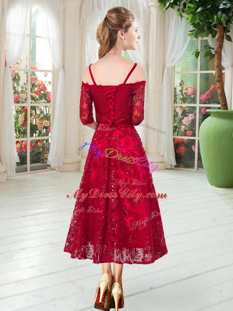 Red Zipper Spaghetti Straps Half Sleeves Tea Length Prom Gown Lace