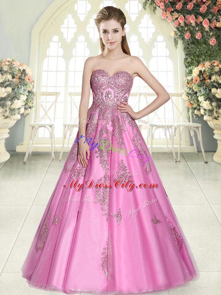 Rose Pink Tulle Lace Up Sweetheart Sleeveless Floor Length Prom Evening Gown Appliques